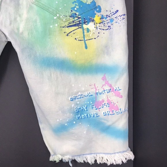 NWT Smoke Rise Dnm Co denim jean shorts distressed bright graffiti 5 pockets 40 - Picture 15 of 15